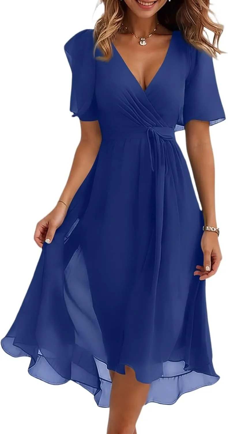 Summer Dresses for Women 2025 V Neck Chiffon Short Sleeve Midi Dress Empire Waist Casual Loose Fit A Line Dress