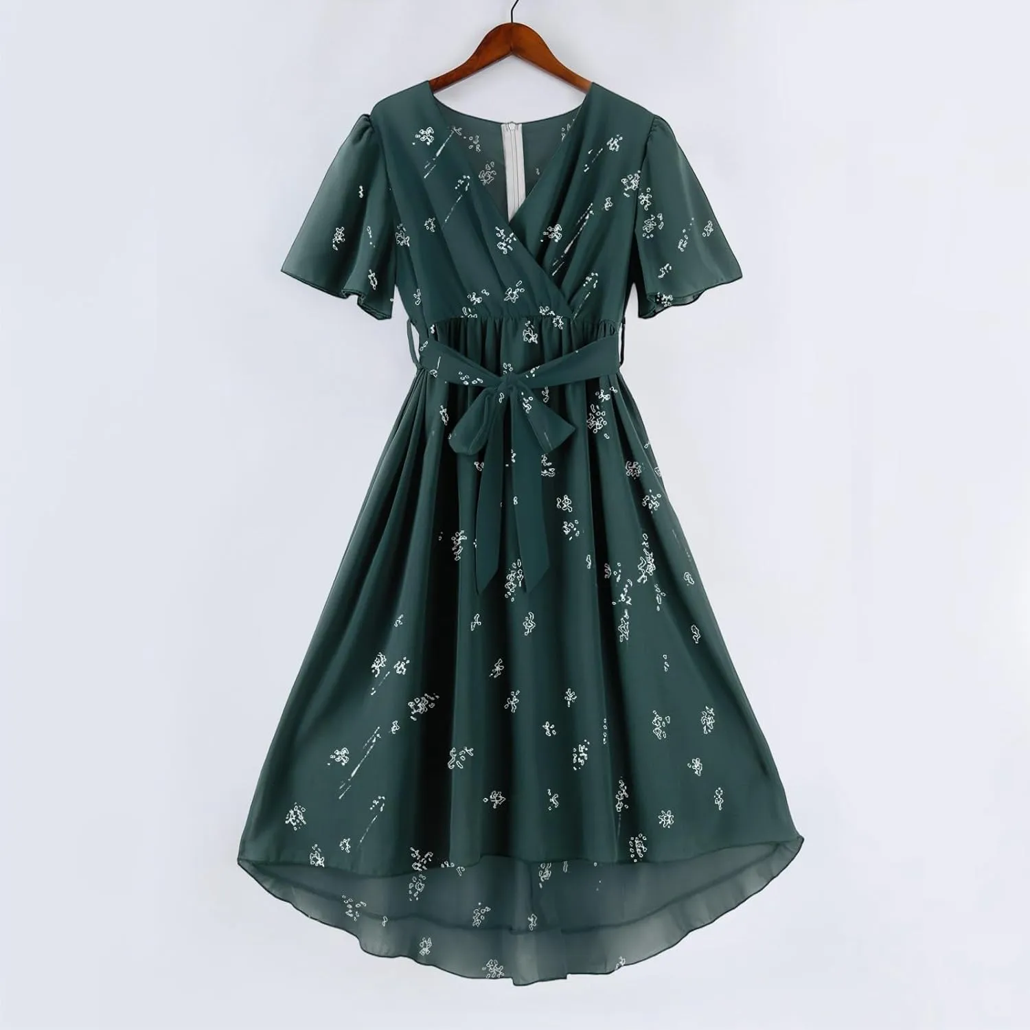 Summer Dresses for Women 2025 V Neck Chiffon Short Sleeve Midi Dress Empire Waist Casual Loose Fit A Line Dress