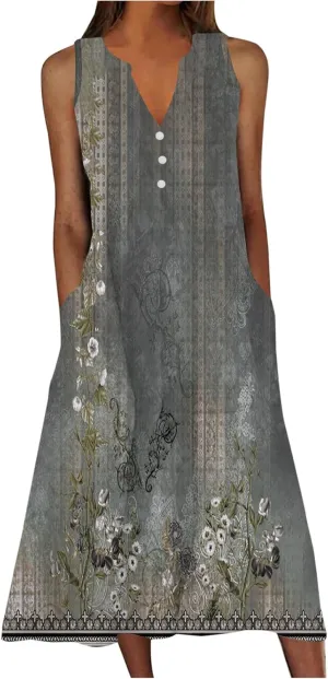 Summer Dresses for Women 2025 Vacation Casual Sleeveless v Neck Long Tank Dress Boho Floral Beach Flowy Sundresses