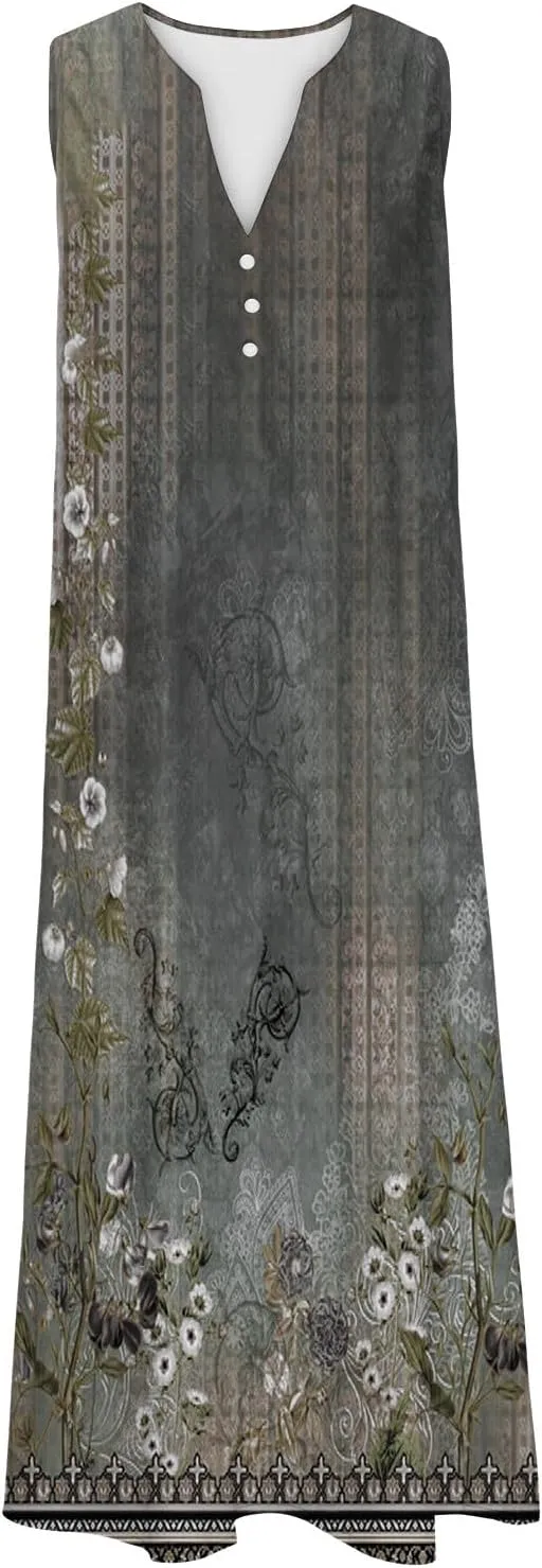 Summer Dresses for Women 2025 Vacation Casual Sleeveless v Neck Long Tank Dress Boho Floral Beach Flowy Sundresses
