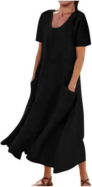 Summer Dresses for Women 2025 Vacation Trendy Short Sleeve Scoop Neck Cotton Linen Dress Loose Flowy Beach Sundress