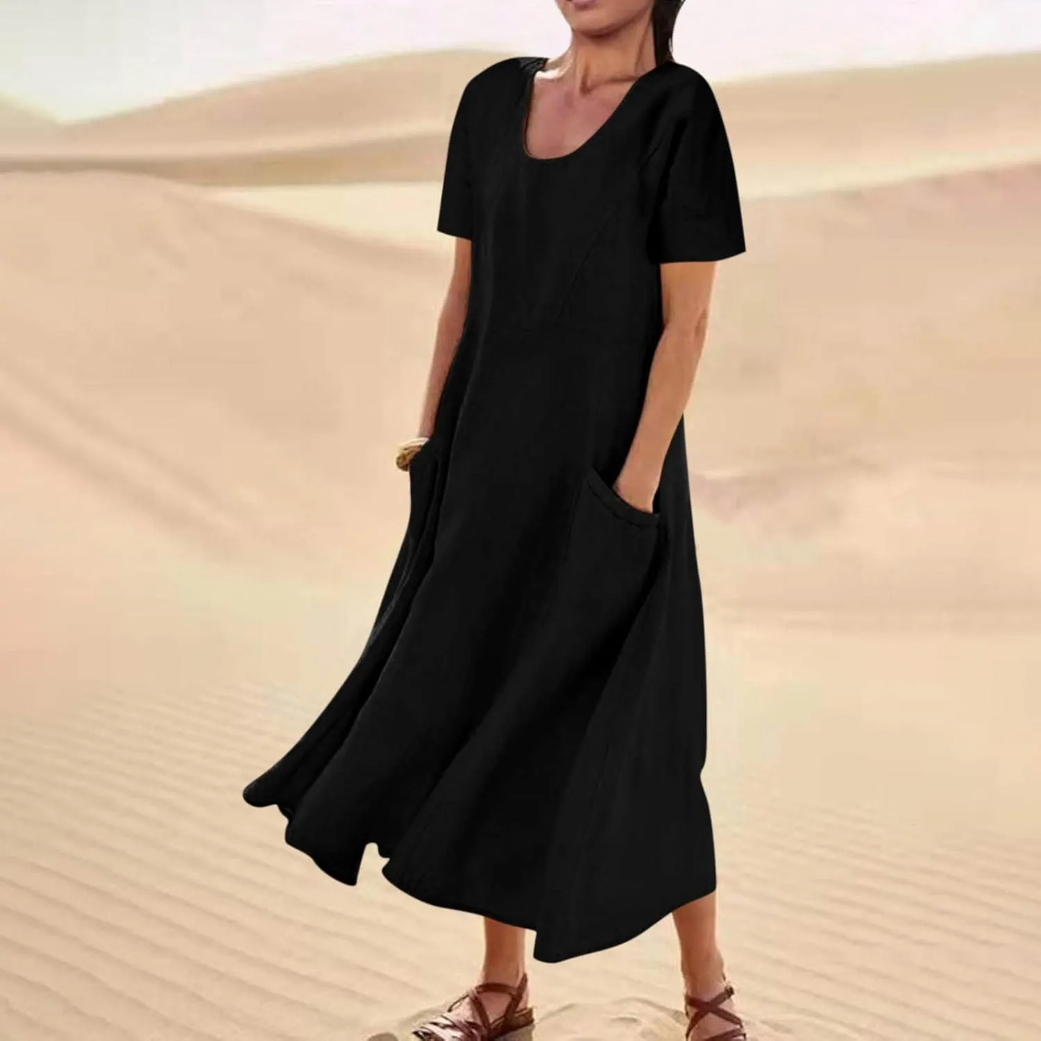 Summer Dresses for Women 2025 Vacation Trendy Short Sleeve Scoop Neck Cotton Linen Dress Loose Flowy Beach Sundress