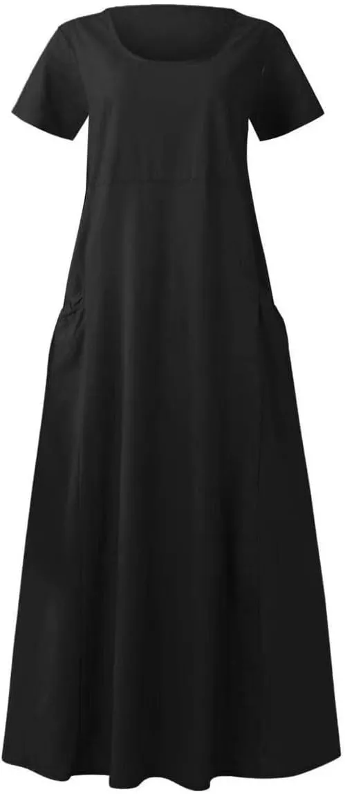 Summer Dresses for Women 2025 Vacation Trendy Short Sleeve Scoop Neck Cotton Linen Dress Loose Flowy Beach Sundress