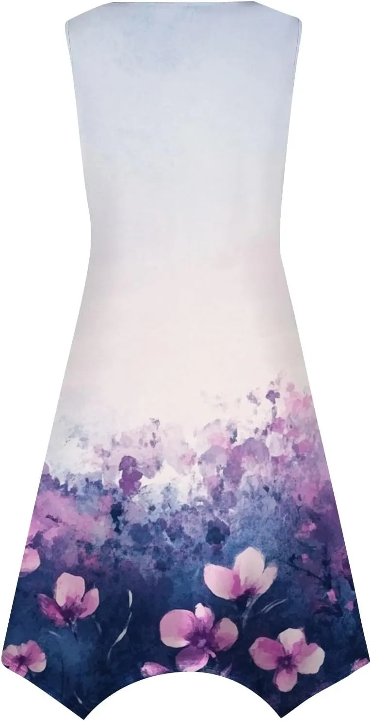 Summer Dresses for Women Summer Casual Beach Sundresses Flowy Hankerchief Hem Midi Tank Dresses Floral Sleeveless Dress