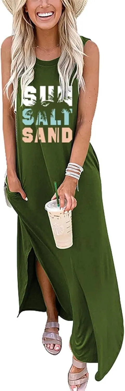 Summer Dresses for Women Sun Salt Sand T-shirt Sundress Sleeveless Casual Loose Tank Dress