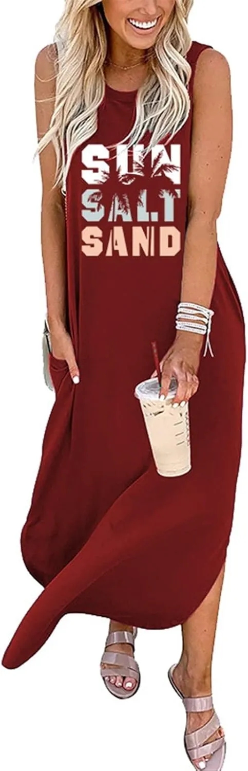 Summer Dresses for Women Sun Salt Sand T-shirt Sundress Sleeveless Casual Loose Tank Dress