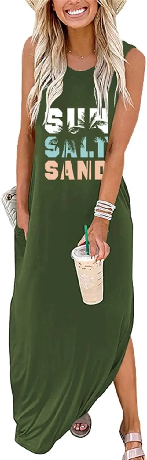 Summer Dresses for Women Sun Salt Sand T-shirt Sundress Sleeveless Casual Loose Tank Dress