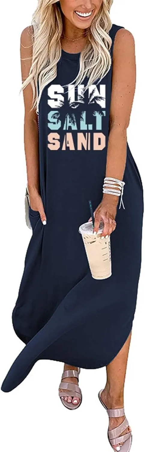 Summer Dresses for Women Sun Salt Sand T-shirt Sundress Sleeveless Casual Loose Tank Dress