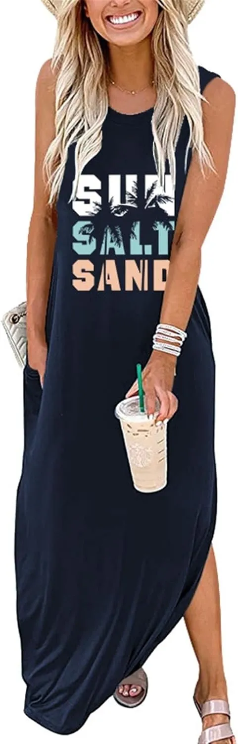 Summer Dresses for Women Sun Salt Sand T-shirt Sundress Sleeveless Casual Loose Tank Dress
