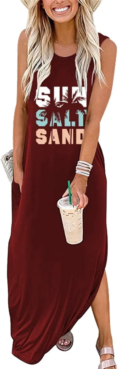 Summer Dresses for Women Sun Salt Sand T-shirt Sundress Sleeveless Casual Loose Tank Dress