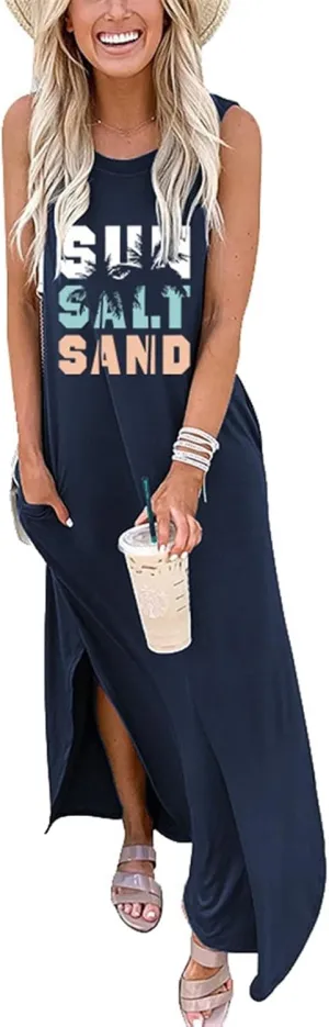 Summer Dresses for Women Sun Salt Sand T-shirt Sundress Sleeveless Casual Loose Tank Dress