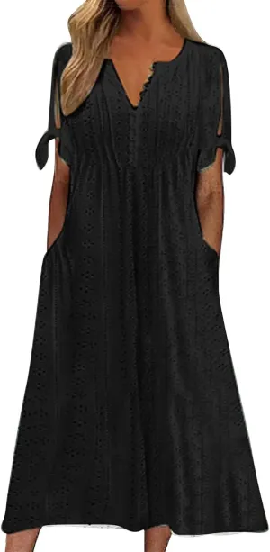 Summer Maxi Dresses for Women 2025 Trendy Short Sleeve Eyelet Tshirt Dress Casual Church Beach Vacation Sundress