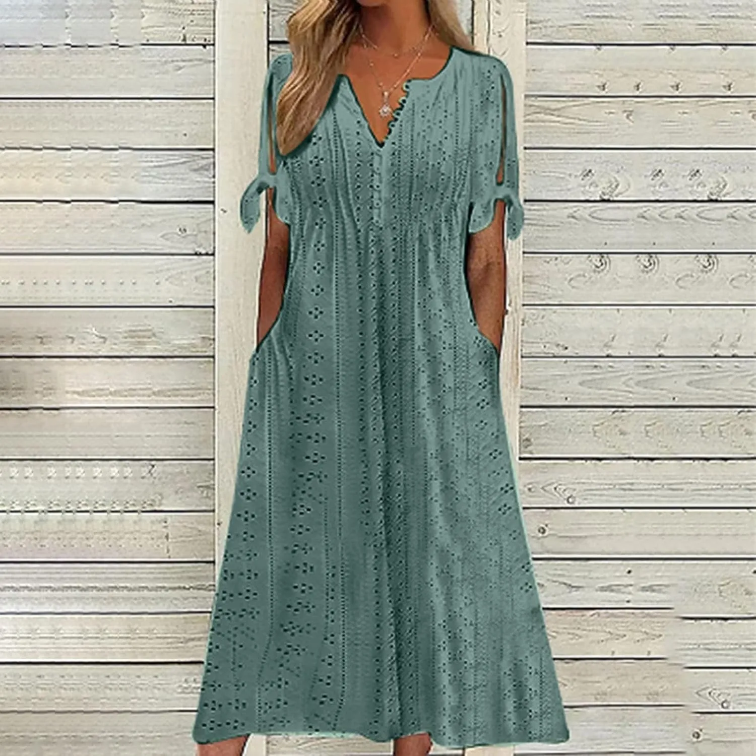 Summer Maxi Dresses for Women 2025 Trendy Short Sleeve Eyelet Tshirt Dress Casual Church Beach Vacation Sundress