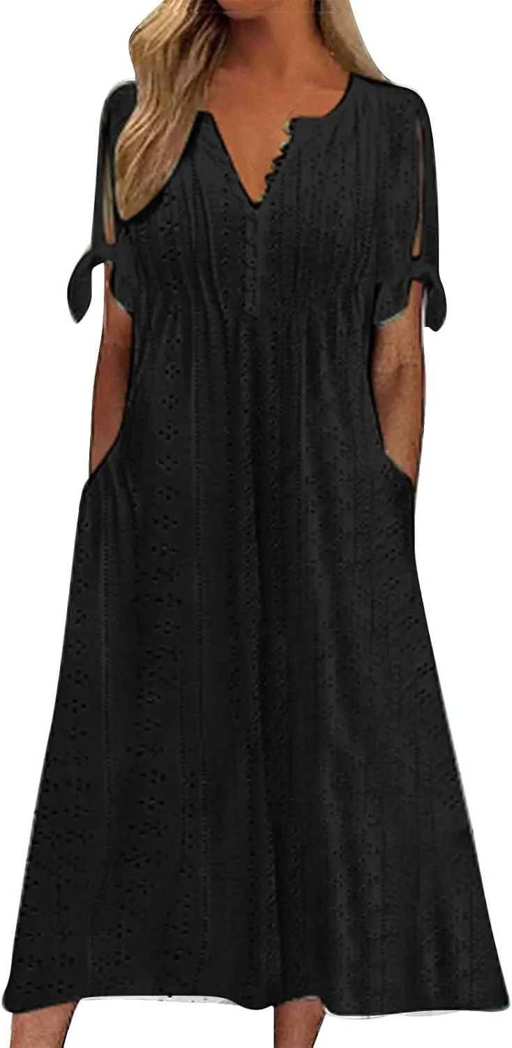 Summer Maxi Dresses for Women 2025 Trendy Short Sleeve Eyelet Tshirt Dress Casual Church Beach Vacation Sundress