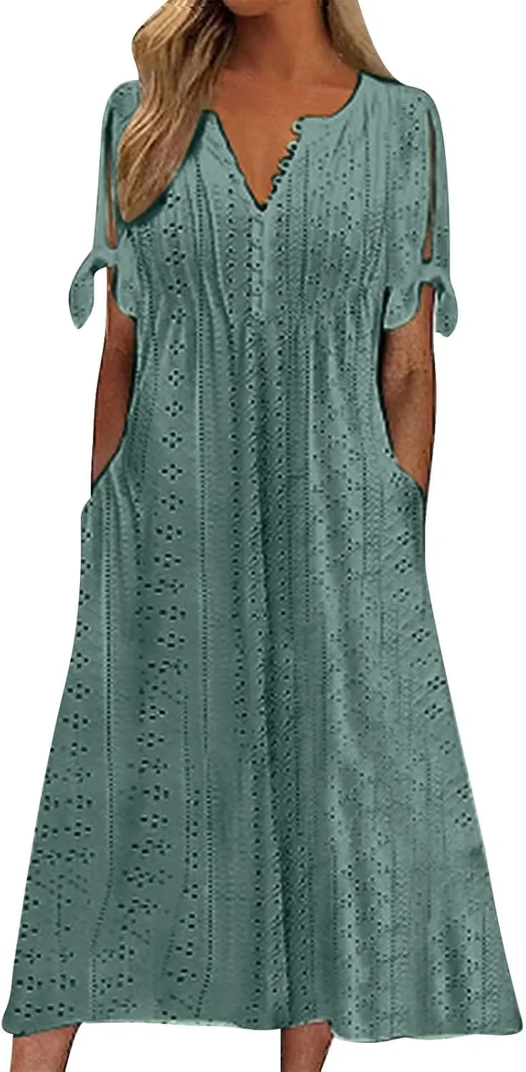 Summer Maxi Dresses for Women 2025 Trendy Short Sleeve Eyelet Tshirt Dress Casual Church Beach Vacation Sundress