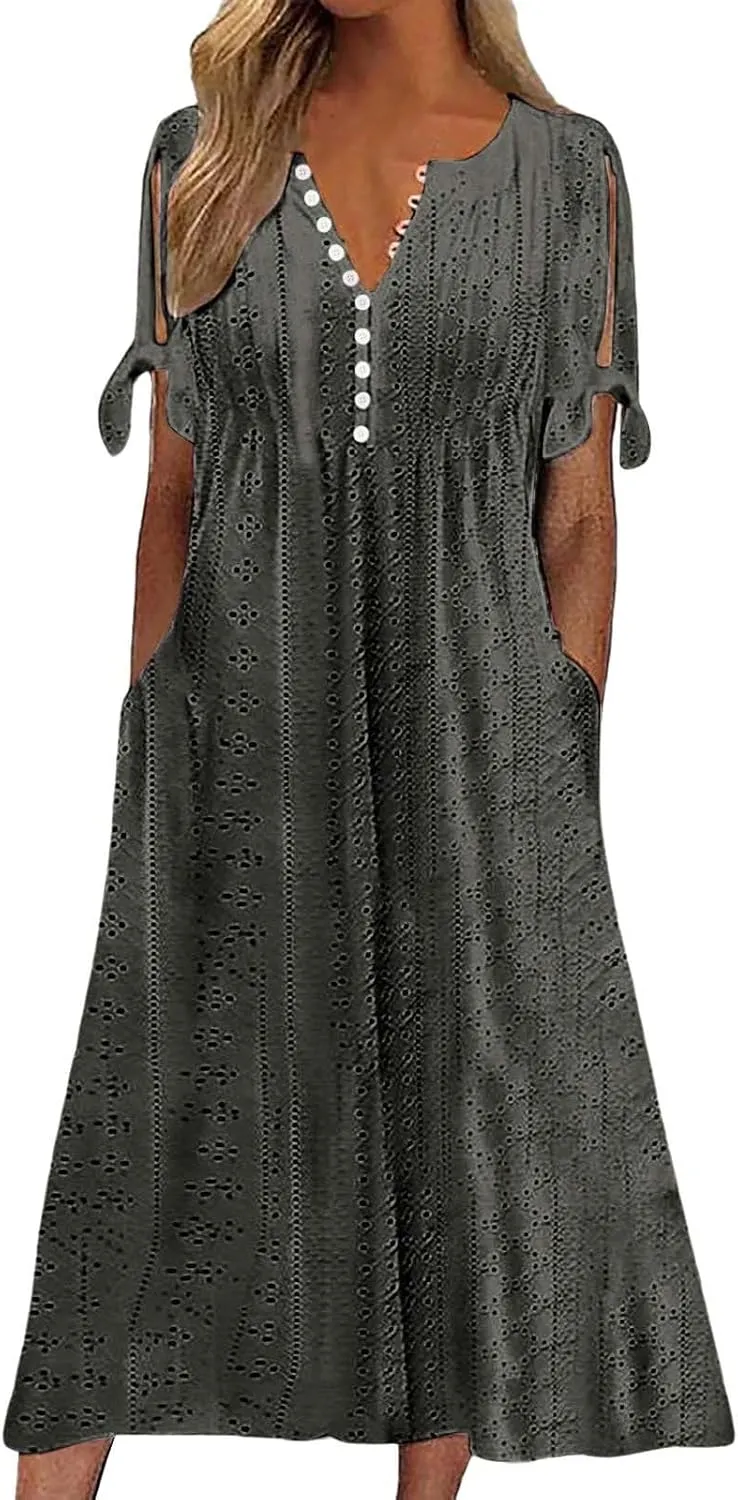 Summer Maxi Dresses for Women 2025 Trendy Short Sleeve Eyelet Tshirt Dress Casual Church Beach Vacation Sundress