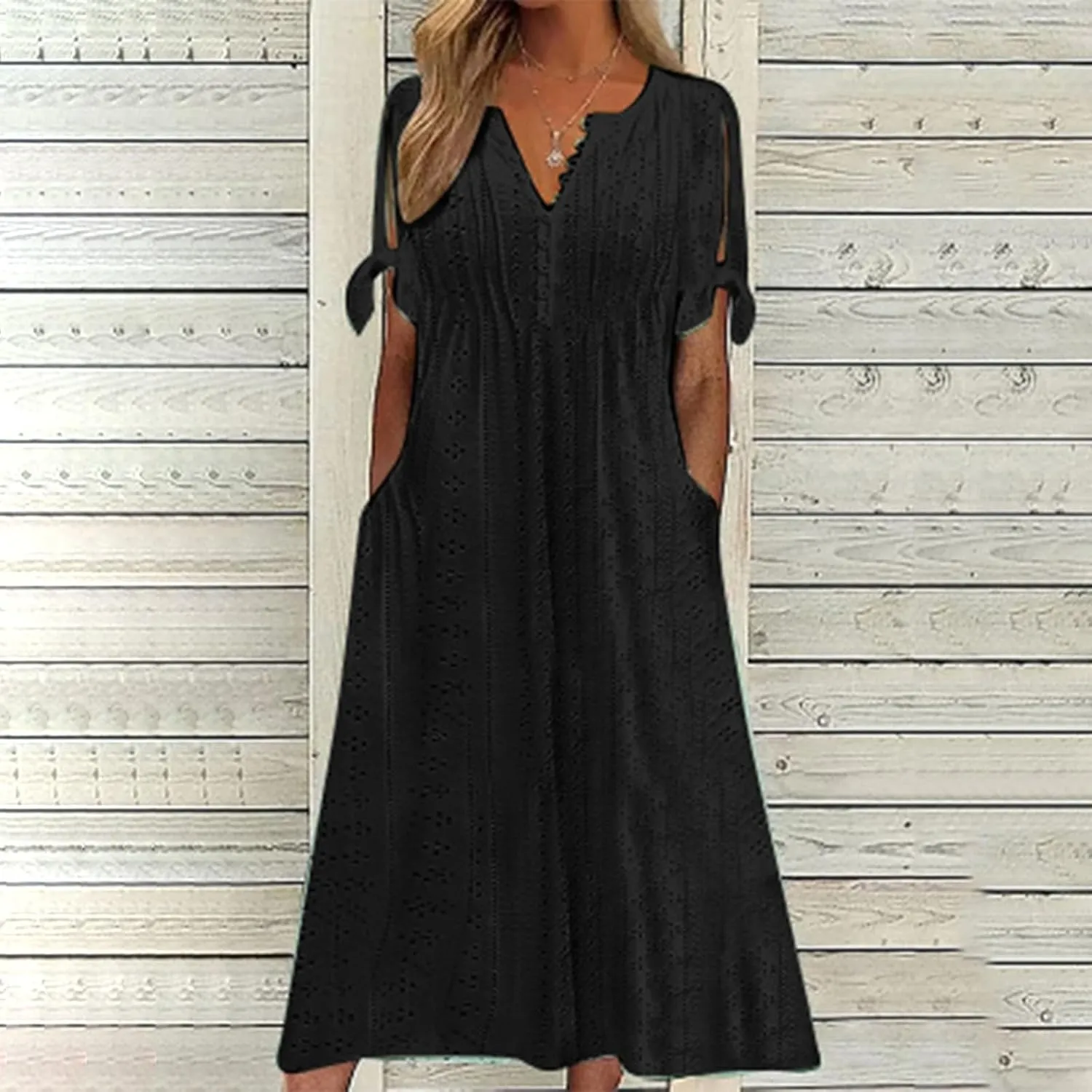 Summer Maxi Dresses for Women 2025 Trendy Short Sleeve Eyelet Tshirt Dress Casual Church Beach Vacation Sundress