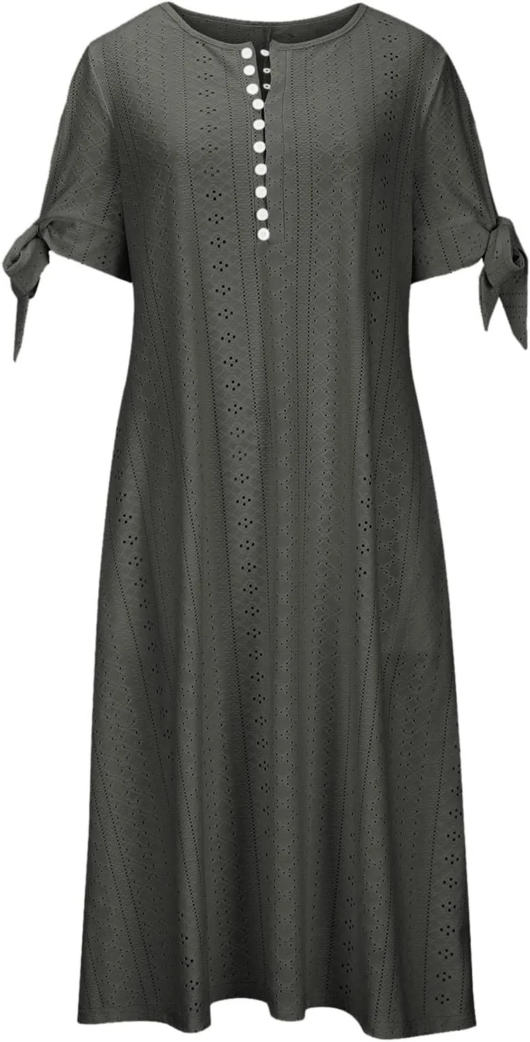Summer Maxi Dresses for Women 2025 Trendy Short Sleeve Eyelet Tshirt Dress Casual Church Beach Vacation Sundress