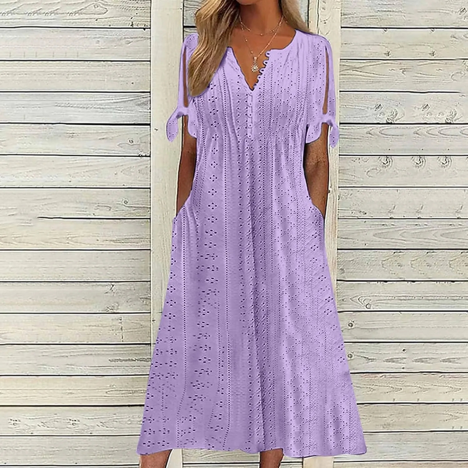 Summer Maxi Dresses for Women 2025 Trendy Short Sleeve Eyelet Tshirt Dress Casual Church Beach Vacation Sundress