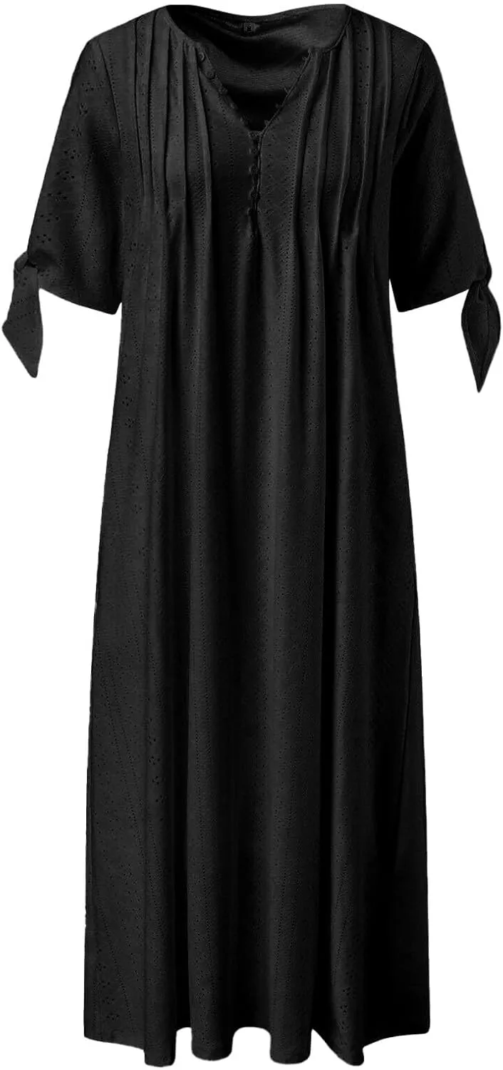Summer Maxi Dresses for Women 2025 Trendy Short Sleeve Eyelet Tshirt Dress Casual Church Beach Vacation Sundress