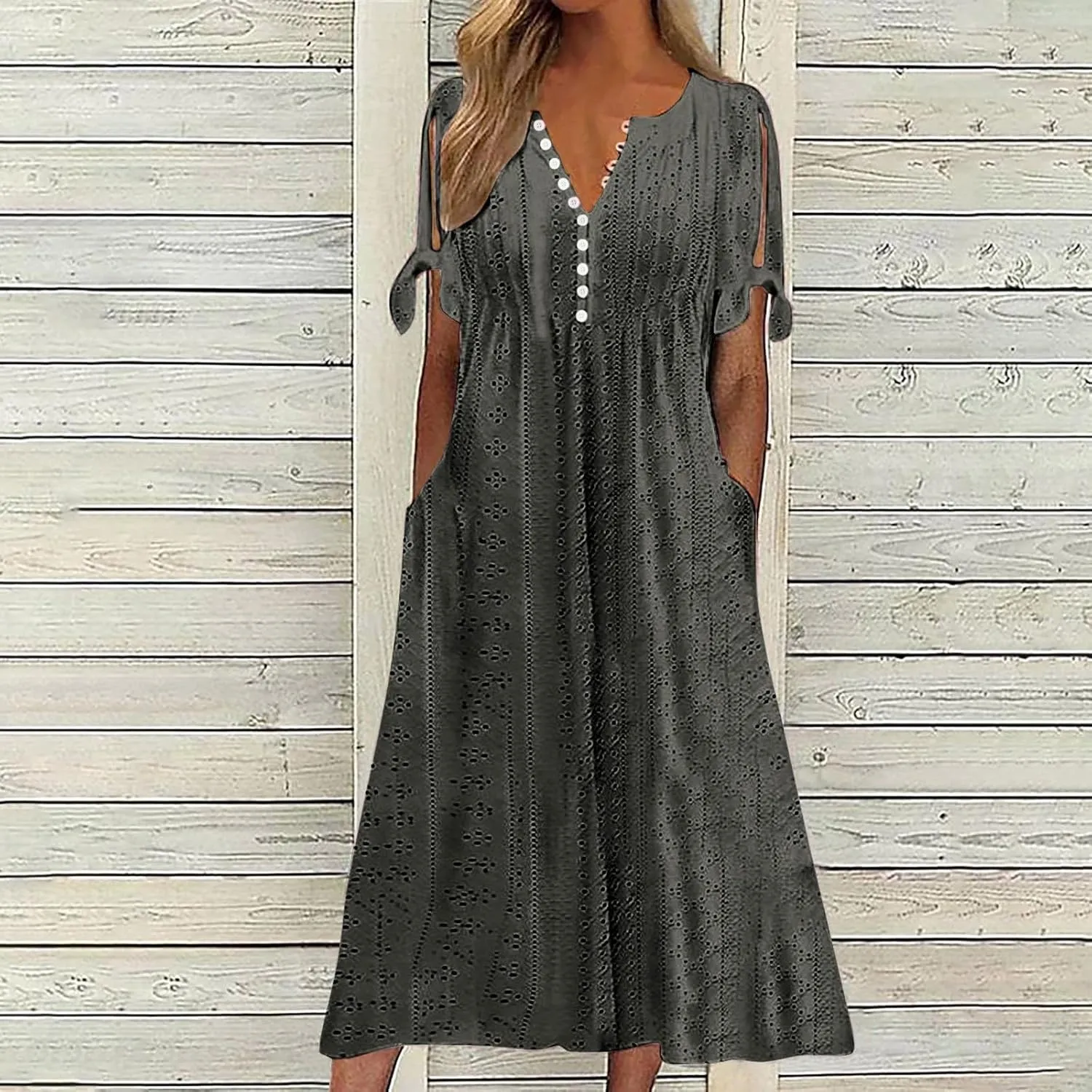 Summer Maxi Dresses for Women 2025 Trendy Short Sleeve Eyelet Tshirt Dress Casual Church Beach Vacation Sundress