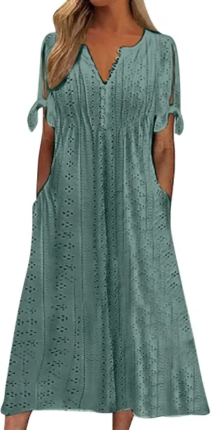 Summer Maxi Dresses for Women 2025 Trendy Short Sleeve Eyelet Tshirt Dress Casual Church Beach Vacation Sundress