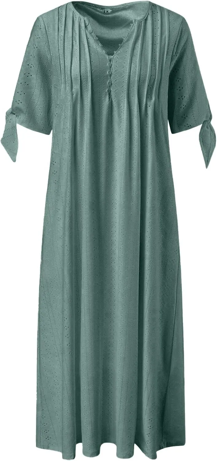 Summer Maxi Dresses for Women 2025 Trendy Short Sleeve Eyelet Tshirt Dress Casual Church Beach Vacation Sundress