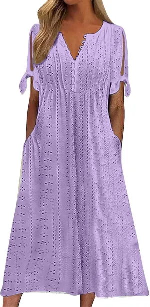 Summer Maxi Dresses for Women 2025 Trendy Short Sleeve Eyelet Tshirt Dress Casual Church Beach Vacation Sundress