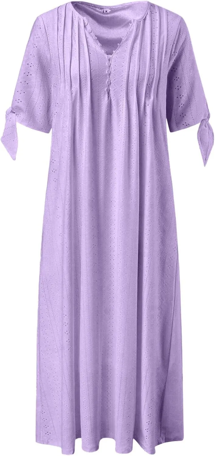 Summer Maxi Dresses for Women 2025 Trendy Short Sleeve Eyelet Tshirt Dress Casual Church Beach Vacation Sundress