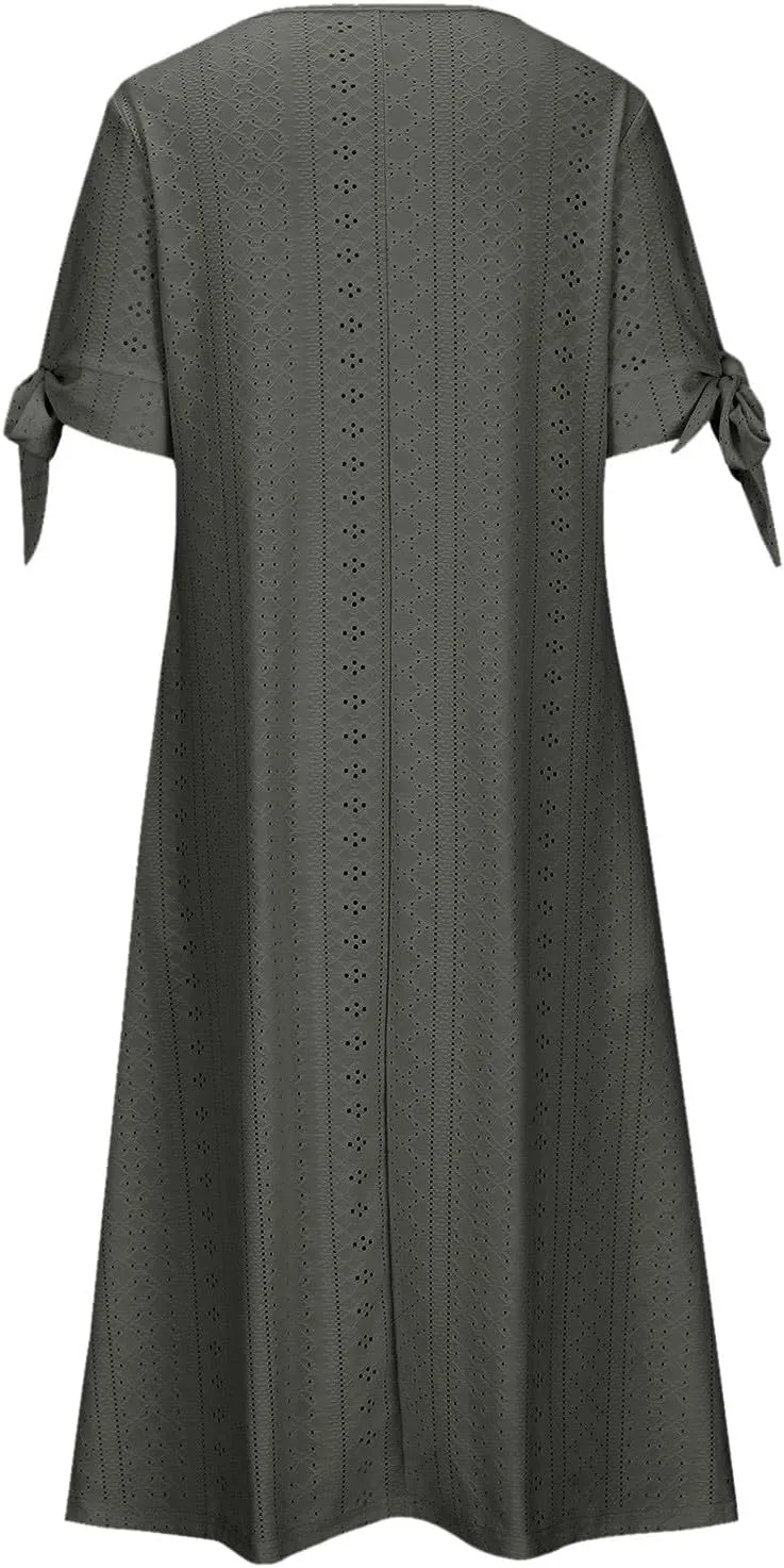 Summer Maxi Dresses for Women 2025 Trendy Short Sleeve Eyelet Tshirt Dress Casual Church Beach Vacation Sundress