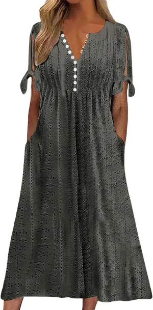 Summer Maxi Dresses for Women 2025 Trendy Short Sleeve Eyelet Tshirt Dress Casual Church Beach Vacation Sundress