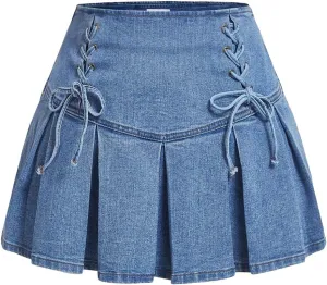 SweatyRocks Women's Plus Size Lace Up Front High Waist A Line Pleated Mini Denim Skirt