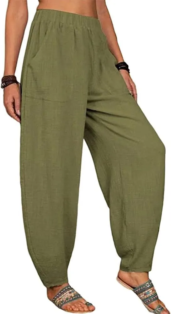 sysinside Women's Cotton Linen Harem Pants High Waist Solid Color Long Trousers with Pocket
