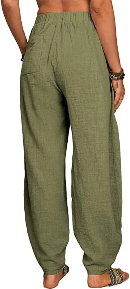 sysinside Women's Cotton Linen Harem Pants High Waist Solid Color Long Trousers with Pocket