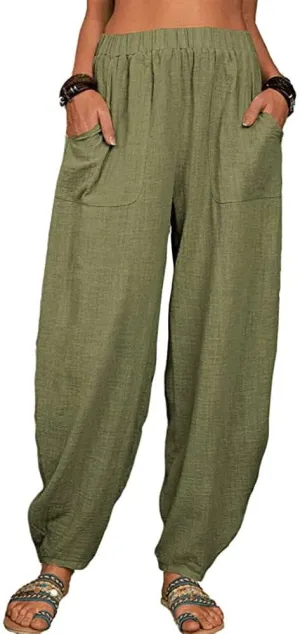 sysinside Women's Cotton Linen Harem Pants High Waist Solid Color Long Trousers with Pocket