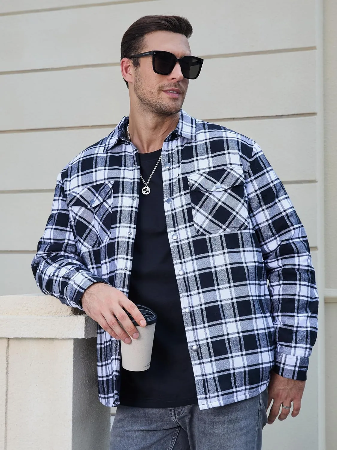 TACVASEN Men's Flannel Shirt Jacket Quilted Lined Long Sleeve Button Down Shirts Jacket