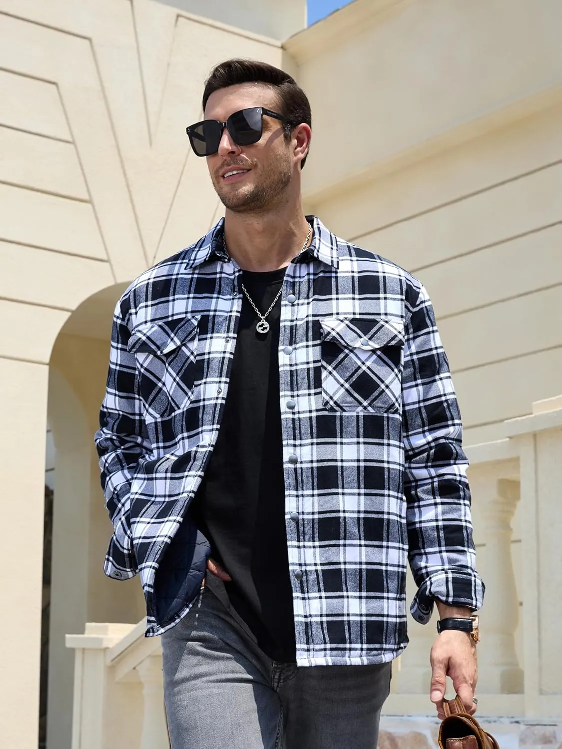 TACVASEN Men's Flannel Shirt Jacket Quilted Lined Long Sleeve Button Down Shirts Jacket