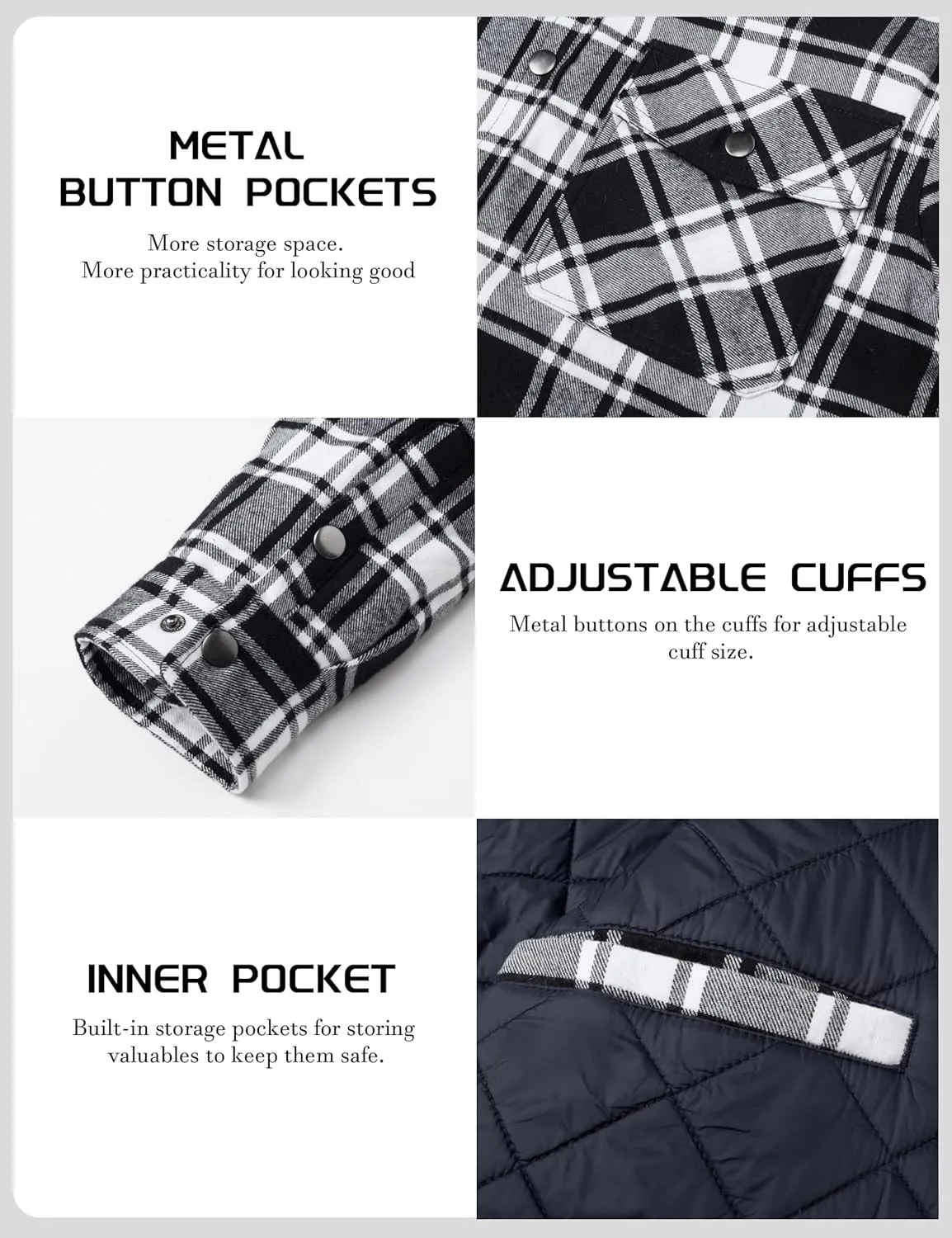 TACVASEN Men's Flannel Shirt Jacket Quilted Lined Long Sleeve Button Down Shirts Jacket