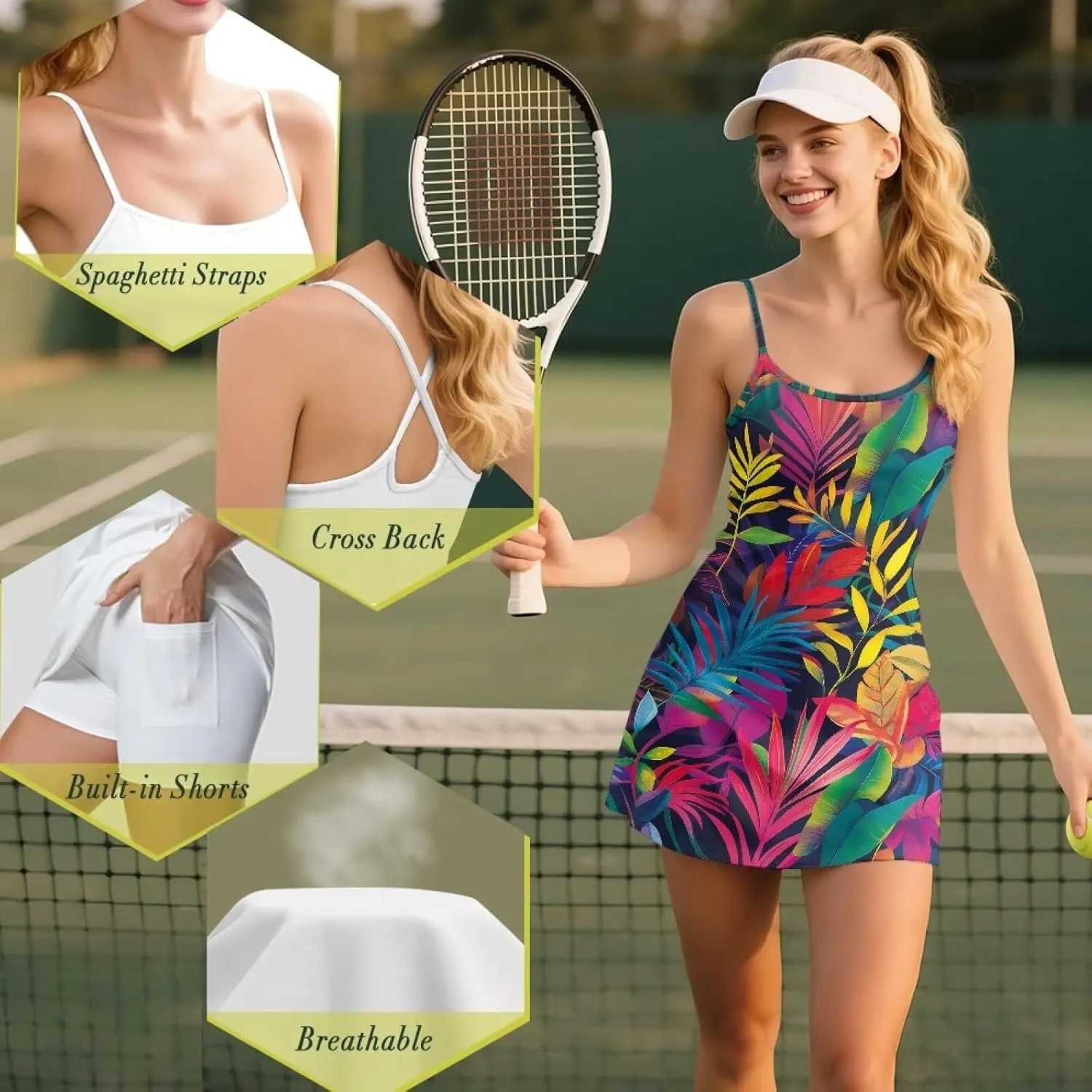 Tennis Dress for Women Athletic Golf Workout Dress with Separate Shorts, Spaghetti Straps & Pockets XS-2XL
