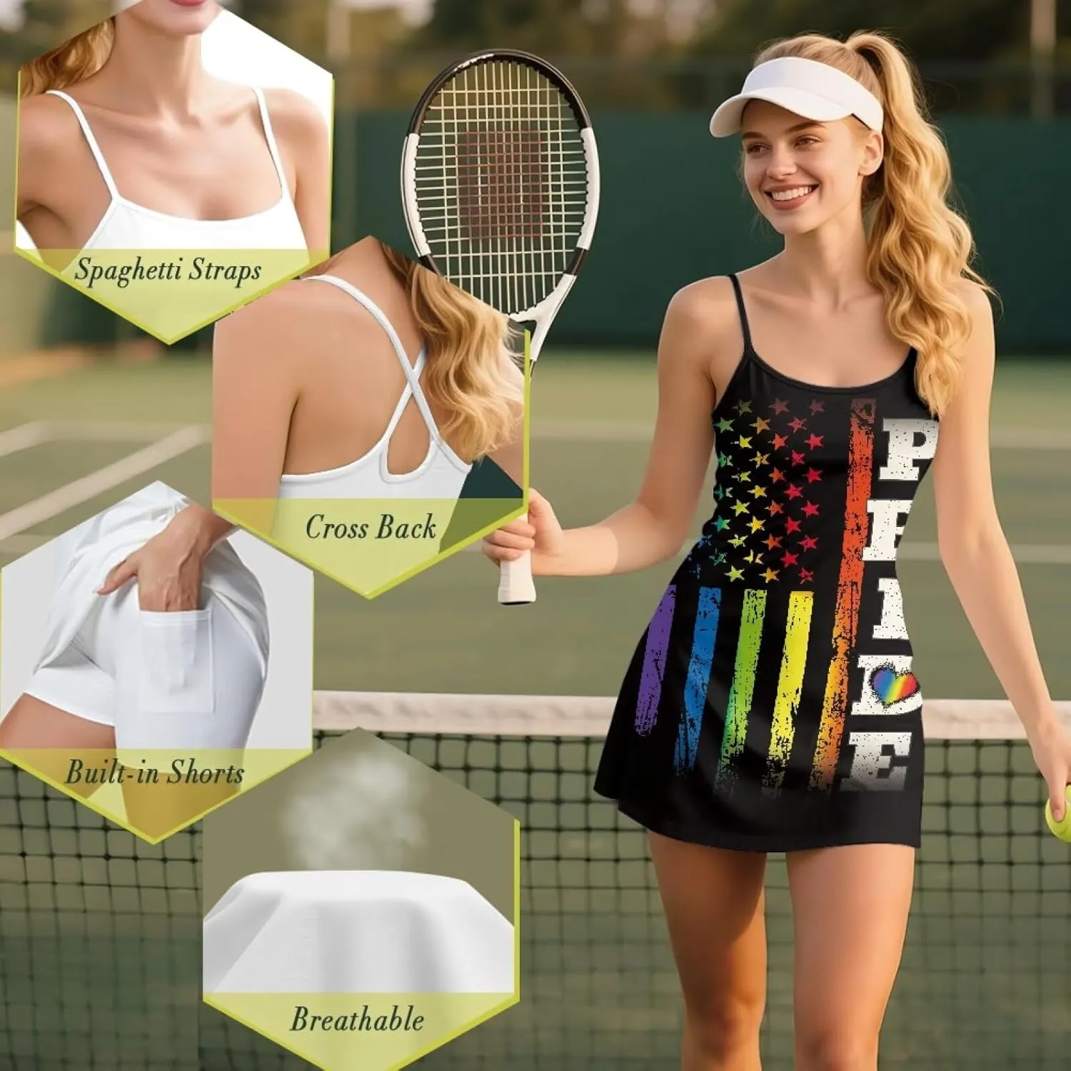 Tennis Dress for Women Athletic Golf Workout Dress with Separate Shorts, Spaghetti Straps & Pockets XS-2XL
