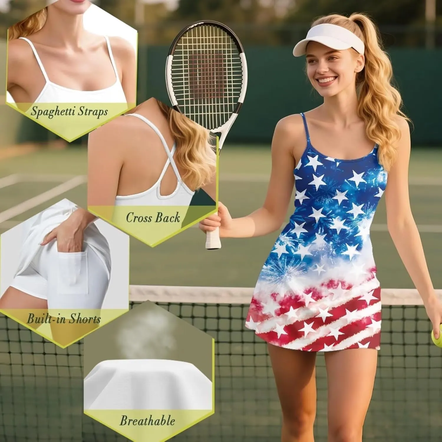 Tennis Dress for Women Athletic Golf Workout Dress with Separate Shorts, Spaghetti Straps & Pockets XS-2XL