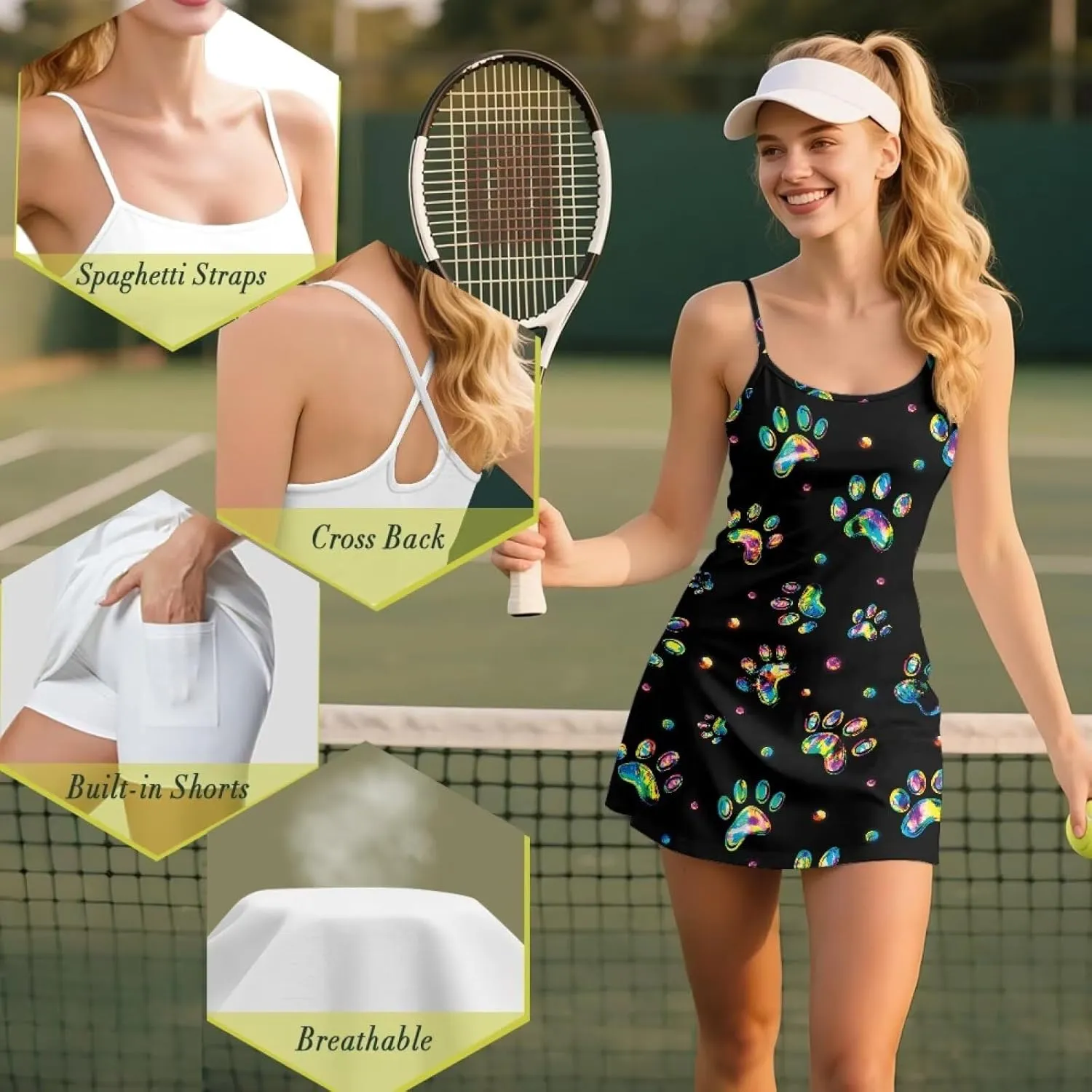 Tennis Dress for Women Athletic Golf Workout Dress with Separate Shorts, Spaghetti Straps & Pockets XS-2XL