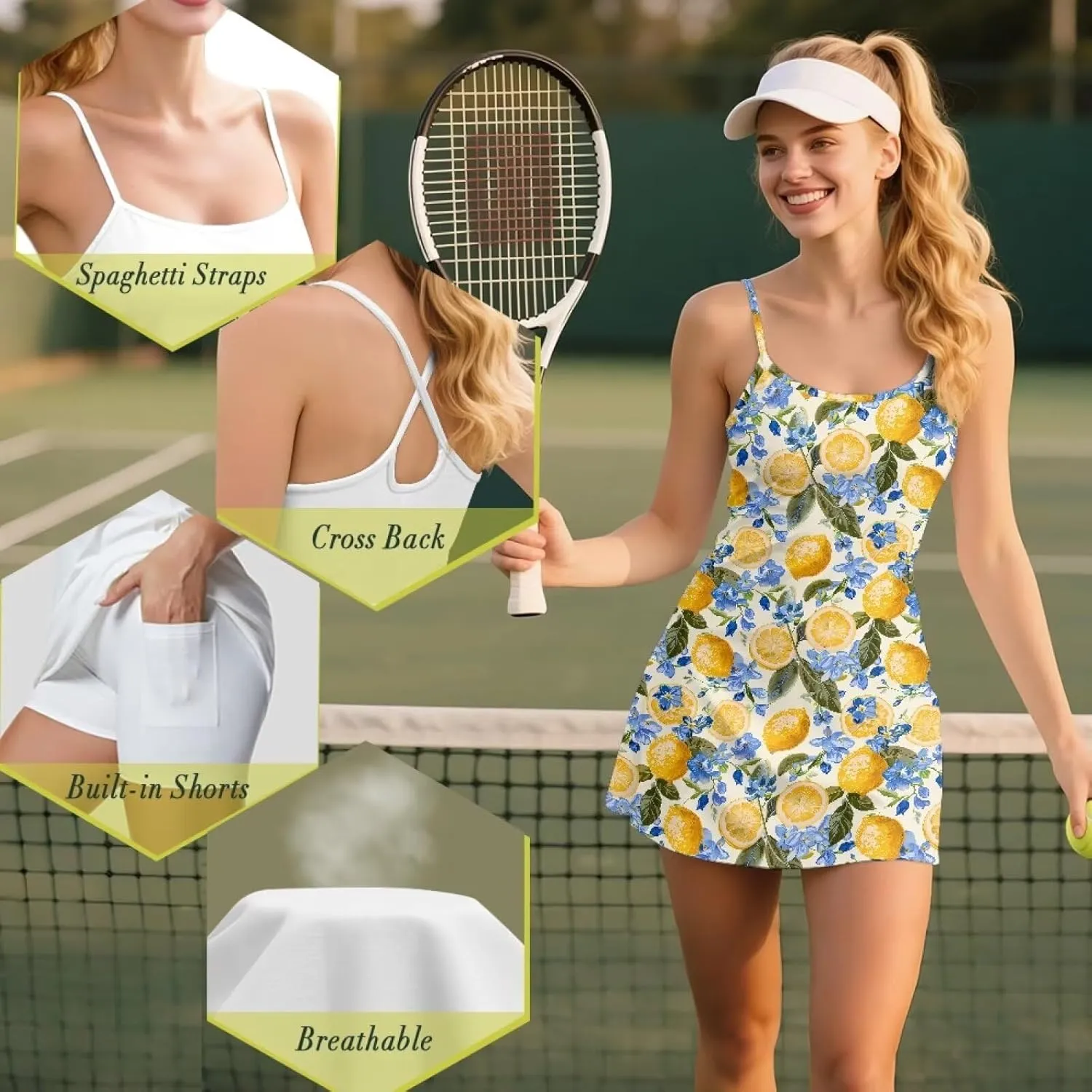 Tennis Dress for Women Athletic Golf Workout Dress with Separate Shorts, Spaghetti Straps & Pockets XS-2XL