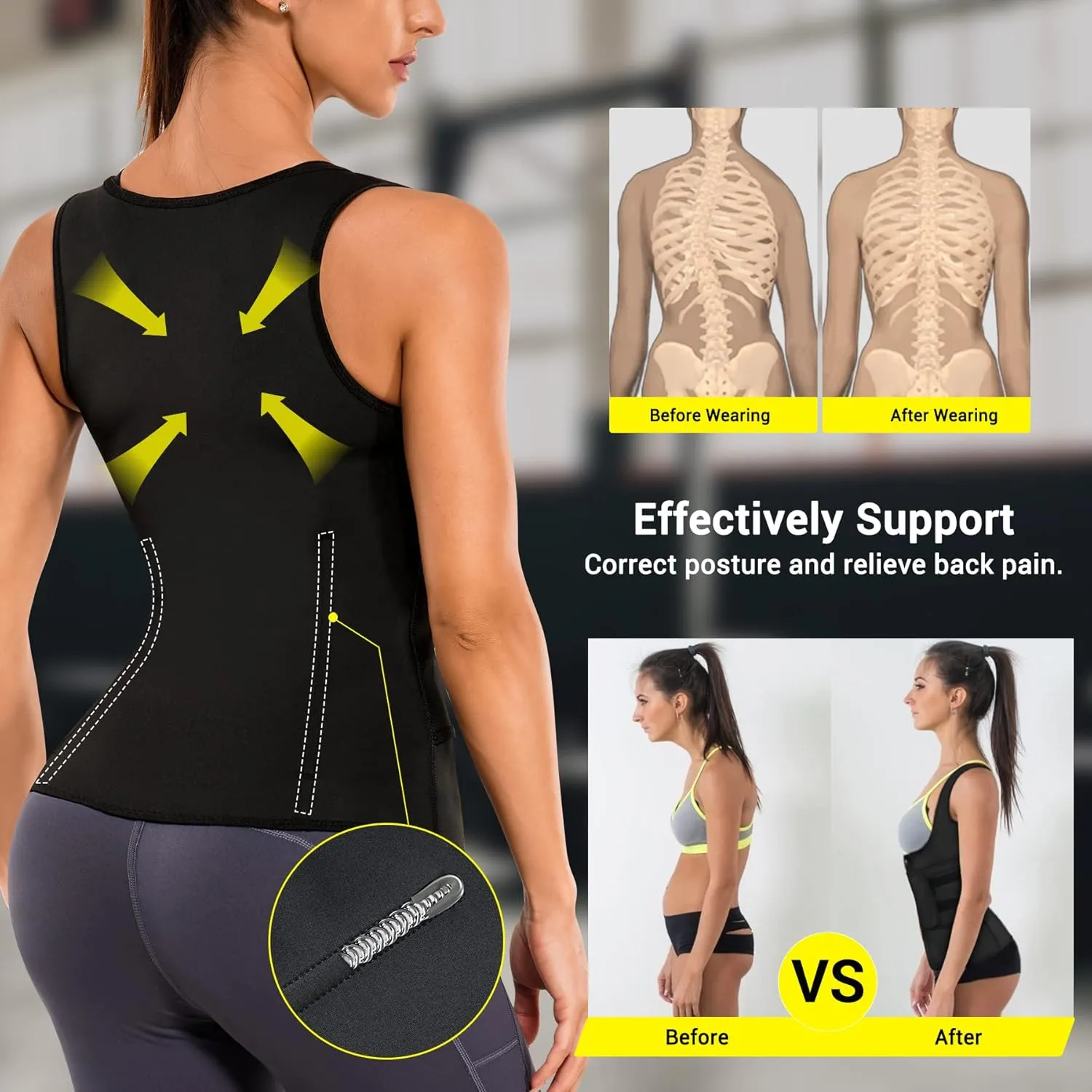 TrainingGirl Women Sweat Vest Waist Trainer Trimmer Belt Weight Loss Hot Sauna Suit Zipper Workout Tank Tops Slim Body Shaper