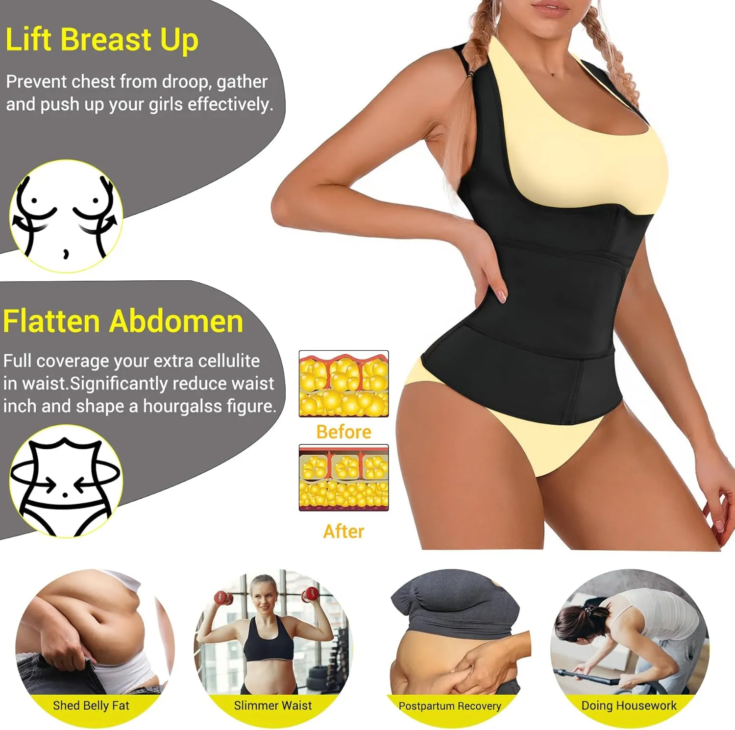 TrainingGirl Women Sweat Vest Waist Trainer Trimmer Belt Weight Loss Hot Sauna Suit Zipper Workout Tank Tops Slim Body Shaper