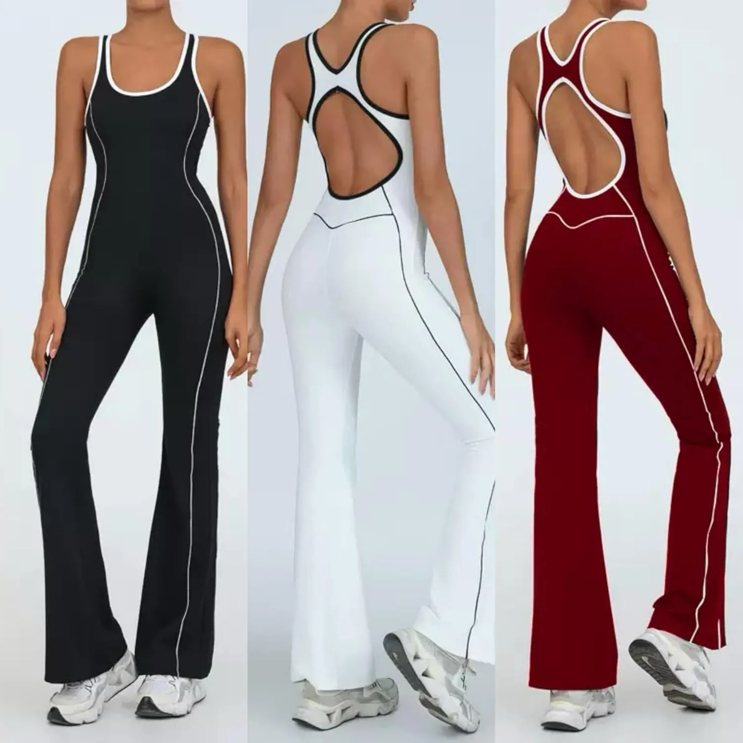 Unybwonn Women Workout Jumpsuit Bodycon Backless Sleeveless Yoga One Piece Romper Butt Lift Gym Flare Leg Jumpsuits with Bra