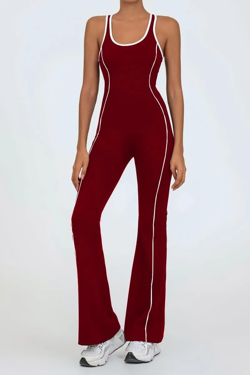 Unybwonn Women Workout Jumpsuit Bodycon Backless Sleeveless Yoga One Piece Romper Butt Lift Gym Flare Leg Jumpsuits with Bra