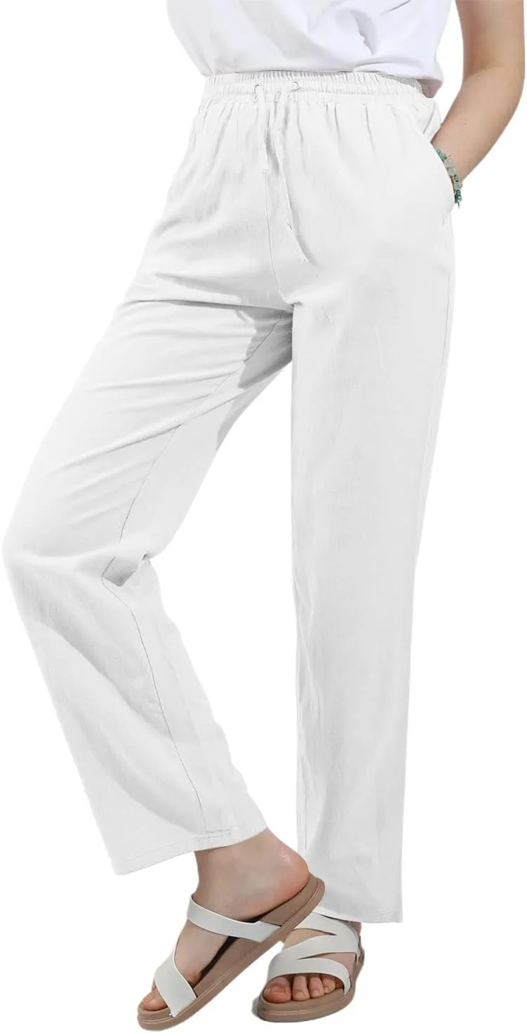 utcoco Womens Linen Pants Casual Straight Fit Elastic Waisted Drawsting Trousers with Pockets