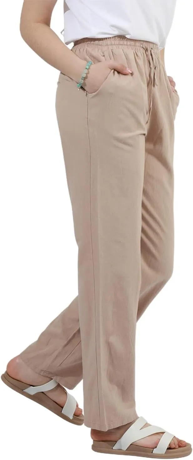 utcoco Womens Linen Pants Casual Straight Fit Elastic Waisted Drawsting Trousers with Pockets