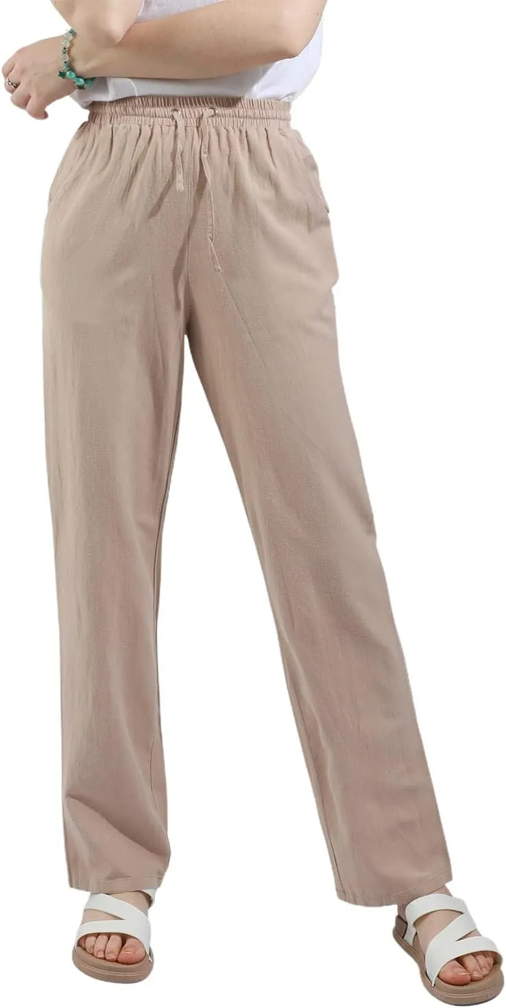 utcoco Womens Linen Pants Casual Straight Fit Elastic Waisted Drawsting Trousers with Pockets